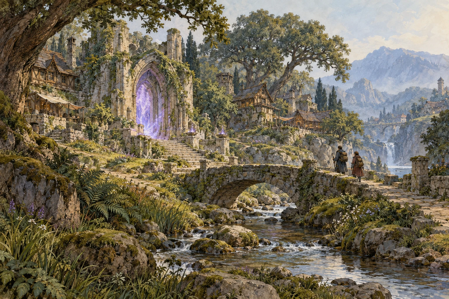 The Grove portal sanctuary among old oaks, with a stream and stone bridge.