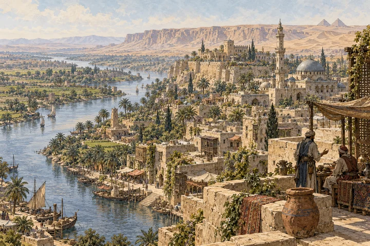 A sandstone city and gardens beside a broad river, with desert cliffs and distant pyramids.