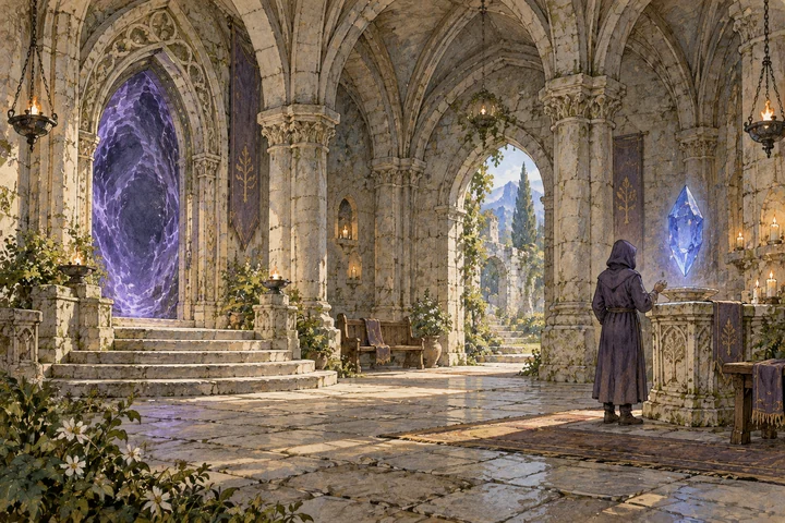 A mage beside a lifestone in the portal sanctuary.