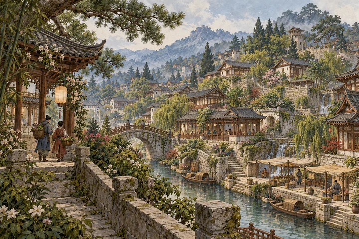 Chinese-inspired timber halls, canals and planted terraces on a wooded hillside.