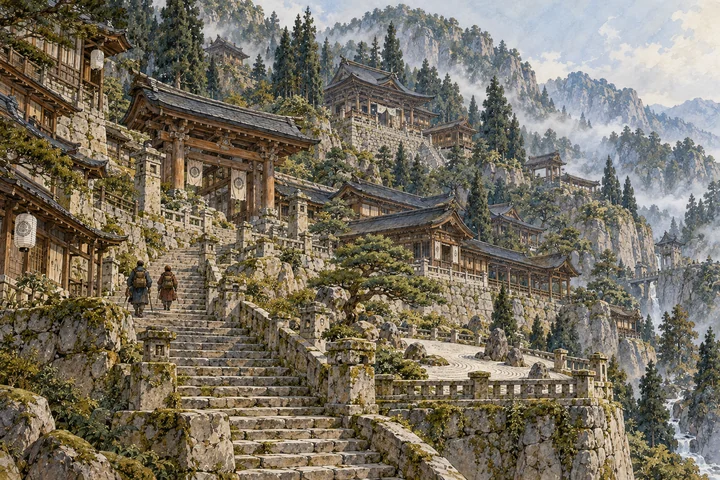 Japanese-inspired timber buildings, long stone stairs, cedars and a raked sand garden.
